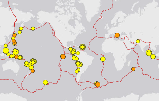Die Karte zeigt alle Erdbeben vom 13. bis 20. Mai 2014 mit einer Starke ab 4,5 Richter-Skala. Quelle: off. Seite des USGS