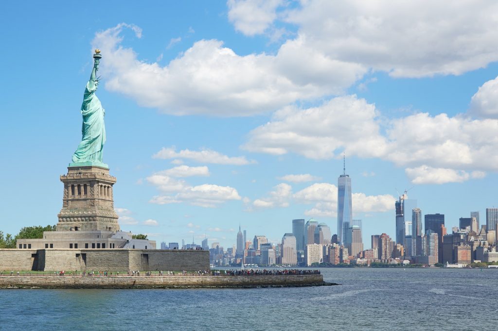 Statue of Liberty island and New York city skyline