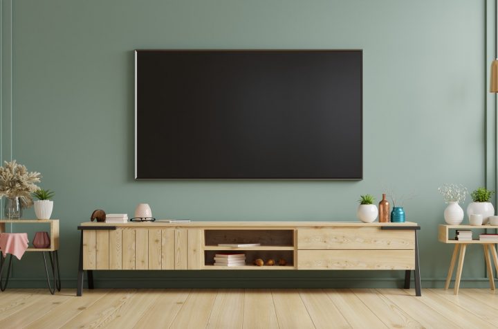 TV on cabinet in modern living room.