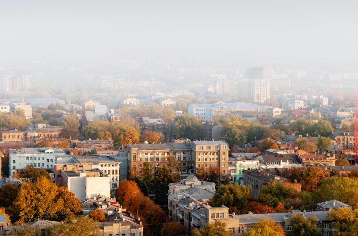 Aerial view smog over a provincial European city