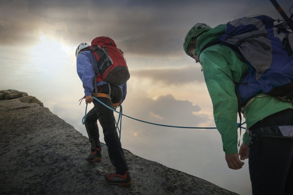Climbers on mountain ridge, Mont Blanc, France
