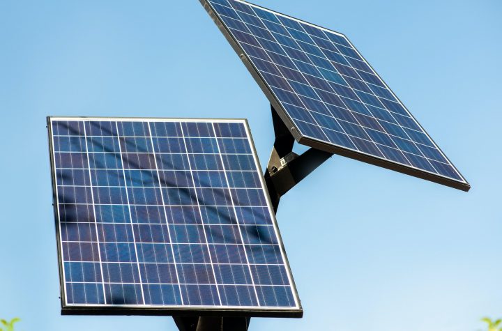 Renewable energy of solar panels. Solar panels on a background of blue sky.