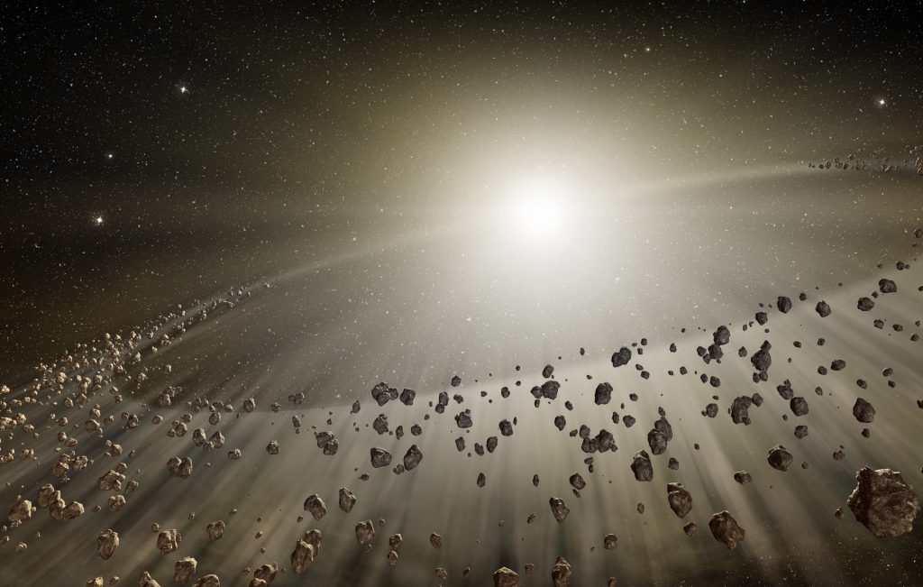 3d shining explosion and scattered rocks in the deep space