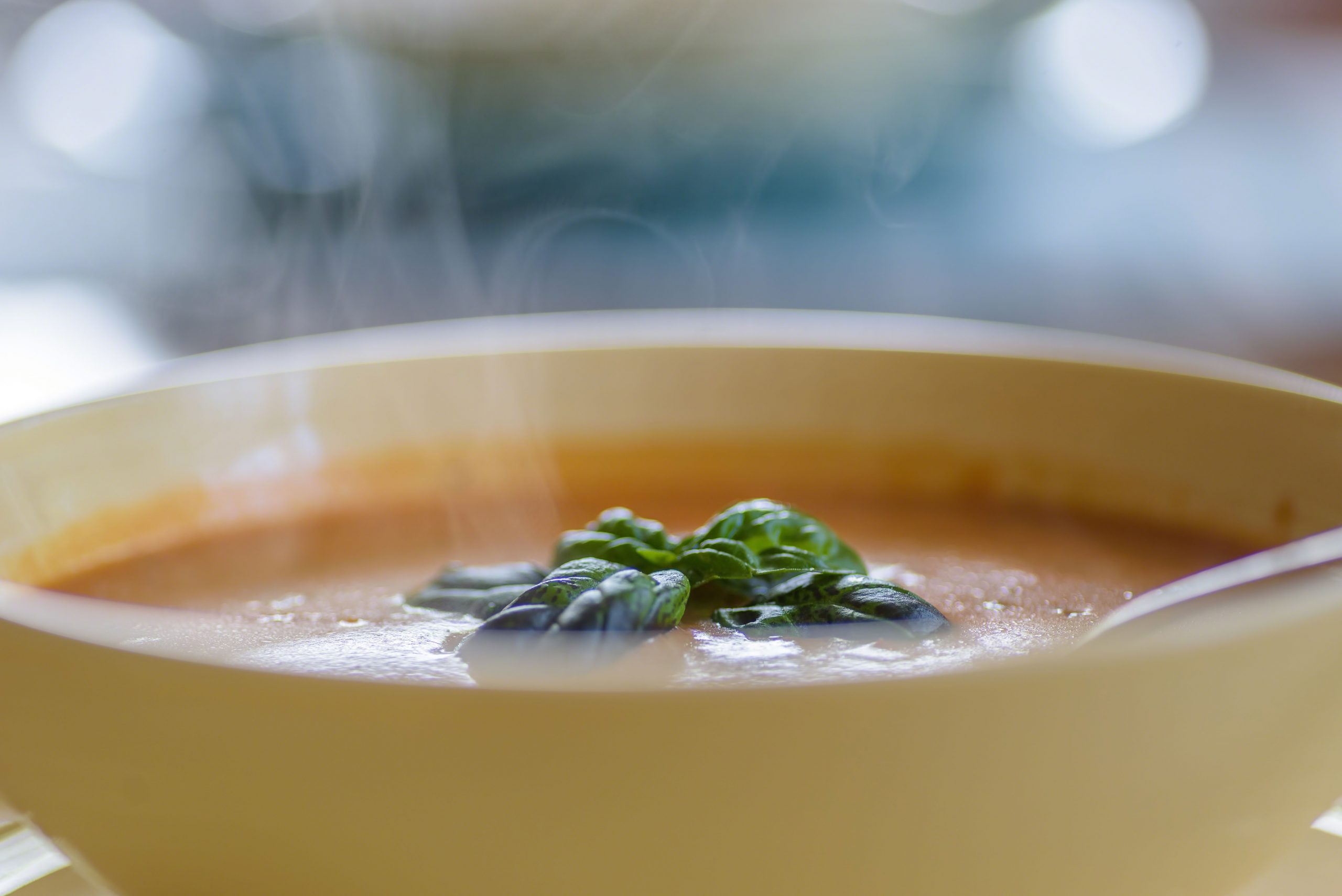 closeup of steaming tomato basil soup