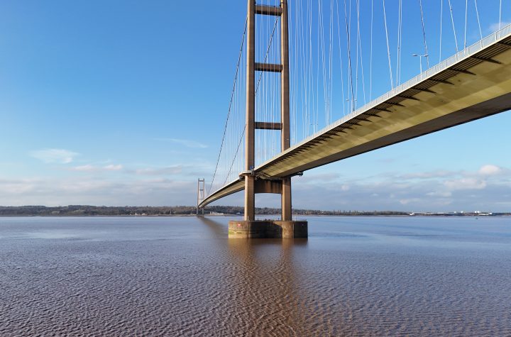 The iconic Humber Bridge under a blue, cloudy sky