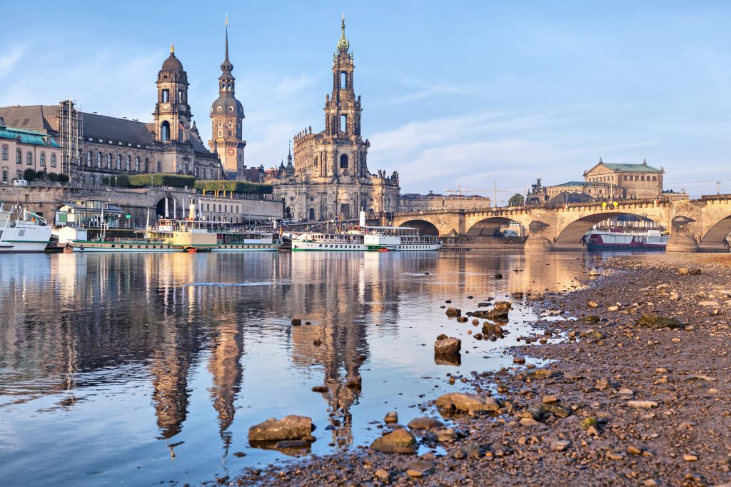 View on Dresden skyline from side of Elbe river, Saxony, Germany